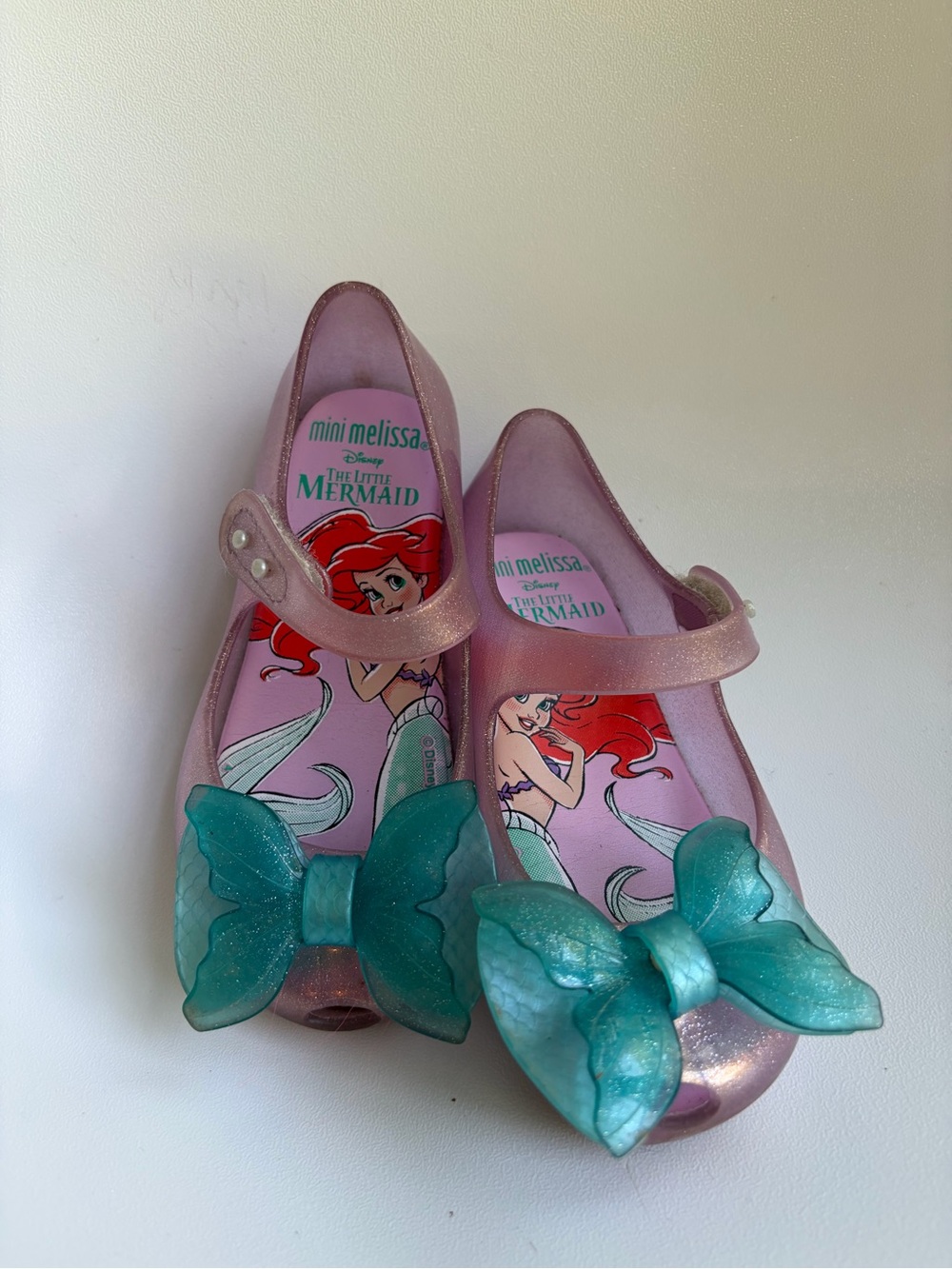 Mini Melissa size 9 Jelly Mary Jane Glitter Bow Shoes with The Little Mermaid